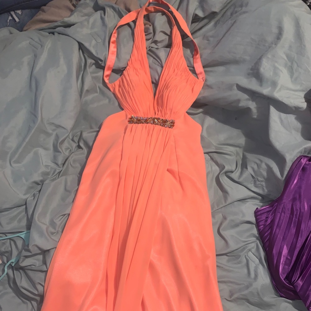 Floor length coral formal dress